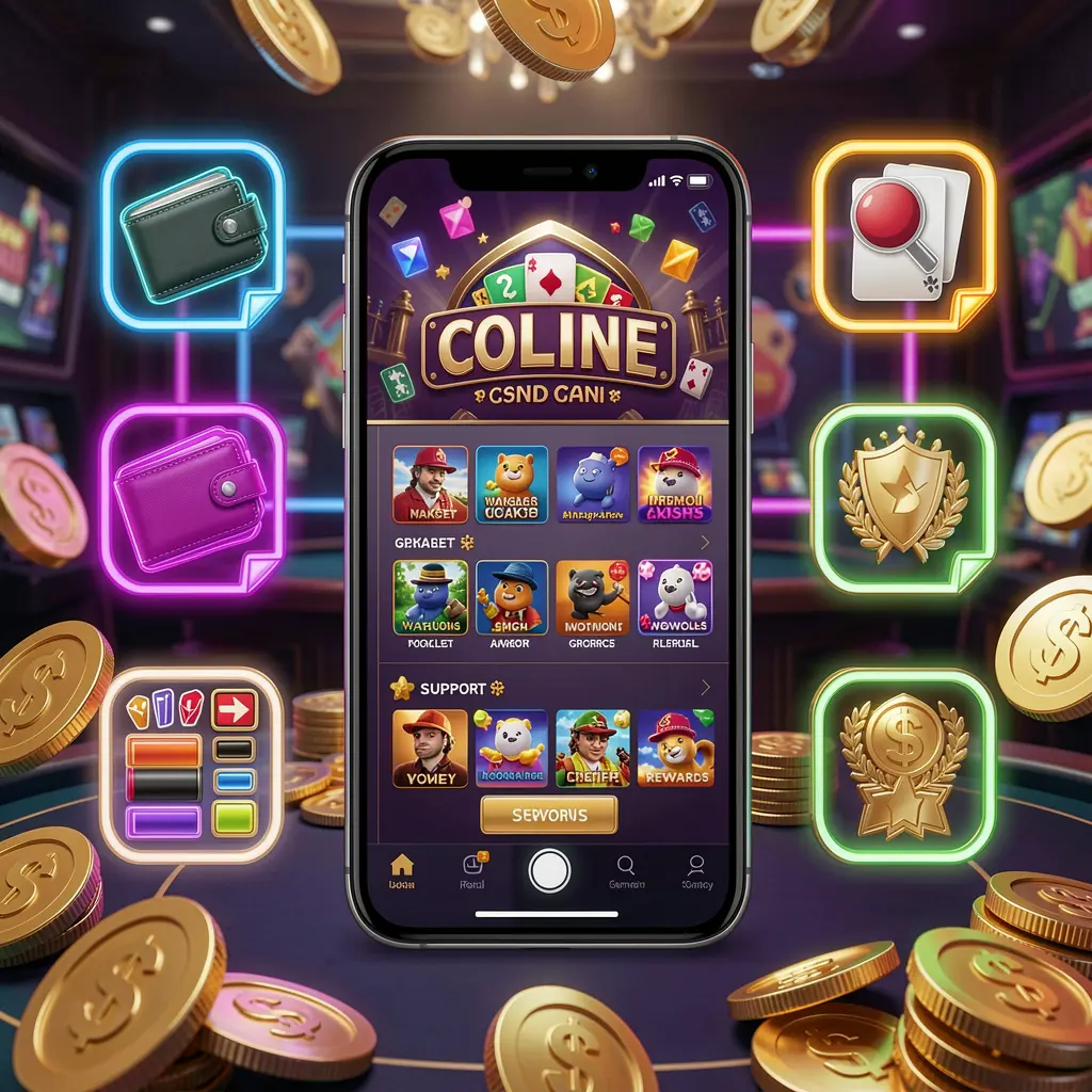 Smartphone displaying the 644J online casino app surrounded by icons for wallet, games, support, and rewards, with golden coins and neon lights in a luxury 3D render