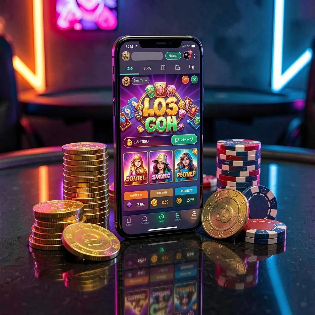 644J mobile casino dashboard concept on smartphone with colorful gaming interface, golden coins and poker chips on glossy table under elegant neon lighting