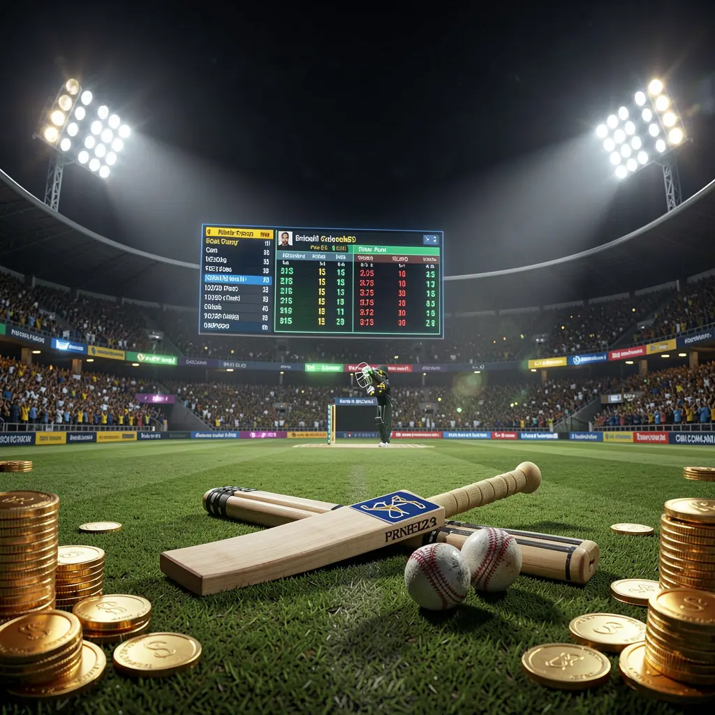 Cricket betting page hero banner by 644J featuring a cricket stadium at night with bright floodlights, a cricket bat and ball on a green pitch, glowing odds panels, and golden coins in a premium dark cinematic 3D render