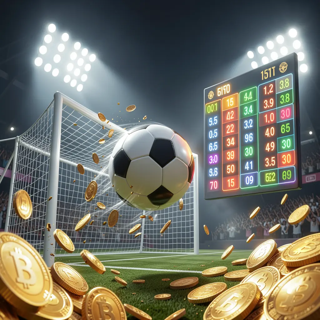 Premium match betting scene by 644J featuring a soccer ball flying toward the goal in a stadium with floodlights, glowing odds interface, and golden coins creating a dynamic sports betting atmosphere