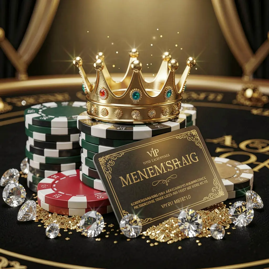 Elegant golden crown on poker chips with sparkling diamonds and a premium 644J membership card against a luxury black and gold background, creating an exclusive high-end casino atmosphere