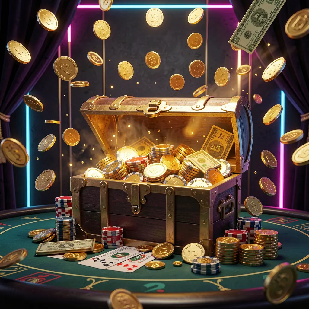 A premium online casino bonus hero banner featuring 644J brand with golden coins flying in the air, a glowing treasure chest full of chips and cash, set against a luxury dark background with neon accents and a festive, elegant casino style