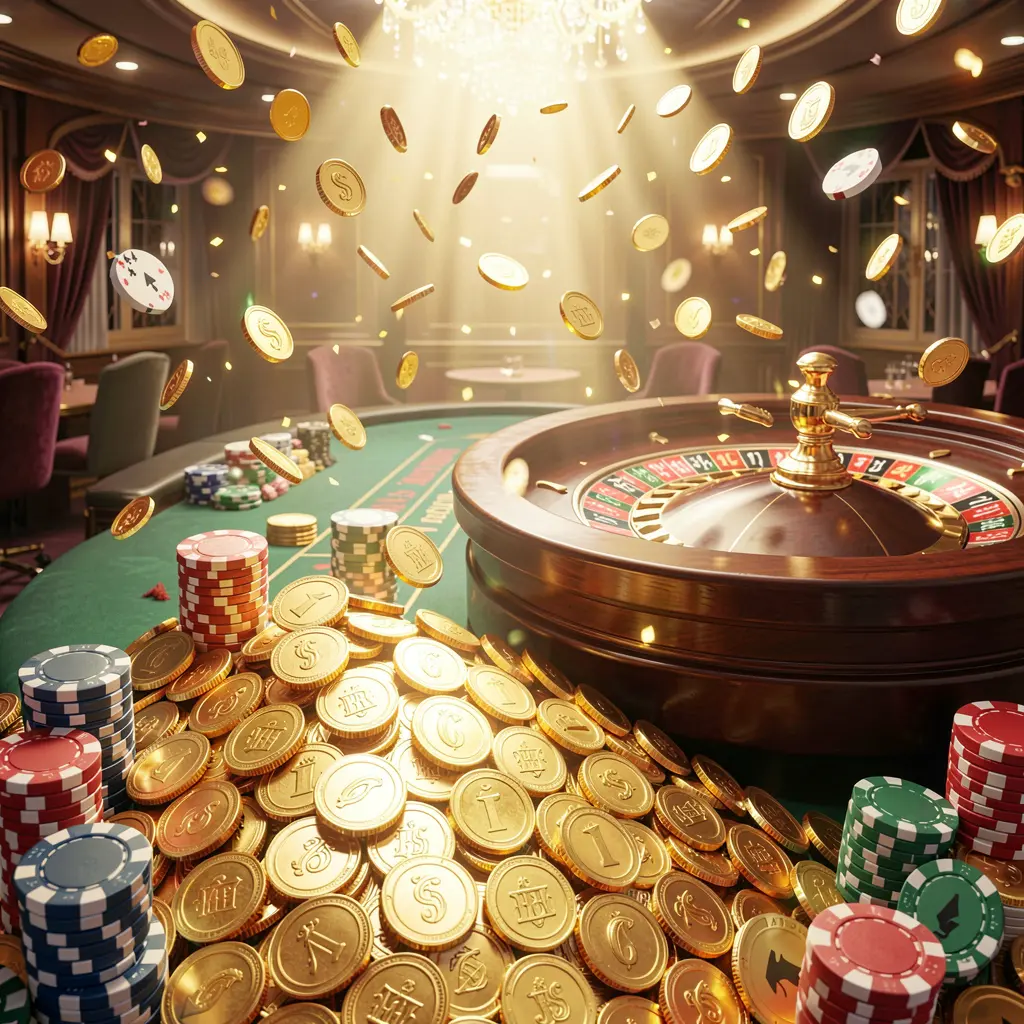 644J casino jackpot scene with golden coins, poker chips, roulette wheel, and bright glowing lights in a luxury celebration atmosphere