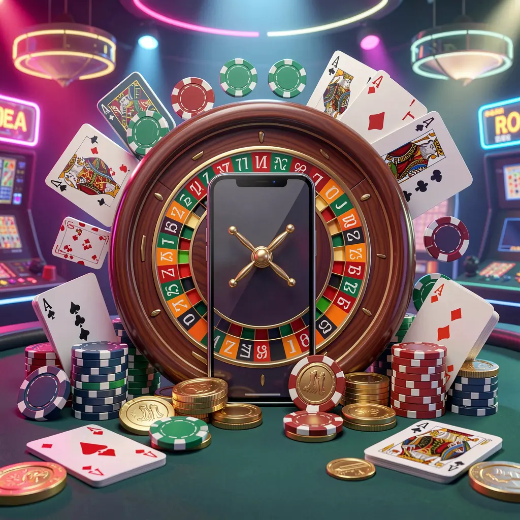 Premium 3D illustration of a mobile casino experience featuring a smartphone surrounded by a roulette wheel, chips, cards, and coins in a bright neon casino atmosphere, showcasing 644J brand's vibrant gaming environment