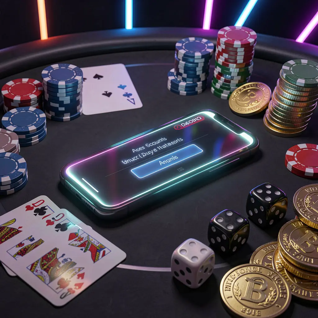 Glowing smartphone on casino table surrounded by cards, chips, dice, and gold coins in an elegant dark setting with neon highlights, featuring 644J casino account sign in scene