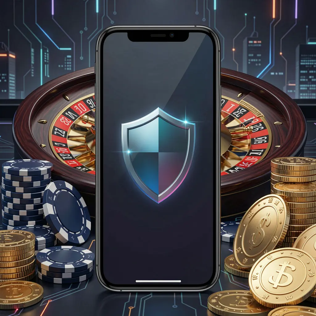 Secure mobile casino access on phone screen with shield icon, roulette wheel, poker chips, and golden coins in a dark cyber luxury atmosphere featuring 644J brand