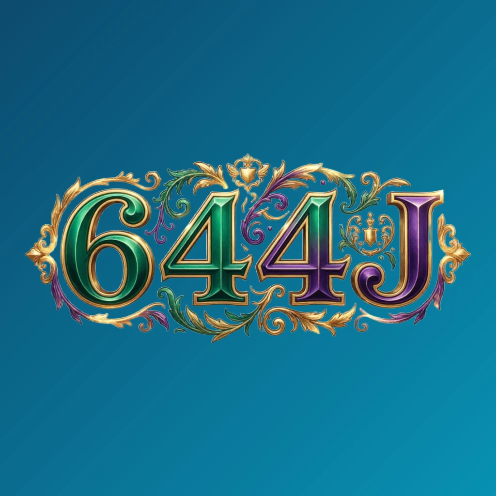 Luxury colorful 644J logo with bold serif typography in rich emerald, violet, and gold palette featuring elegant glowing ornaments, designed as a premium horizontal rectangular wordmark for website header on transparent background