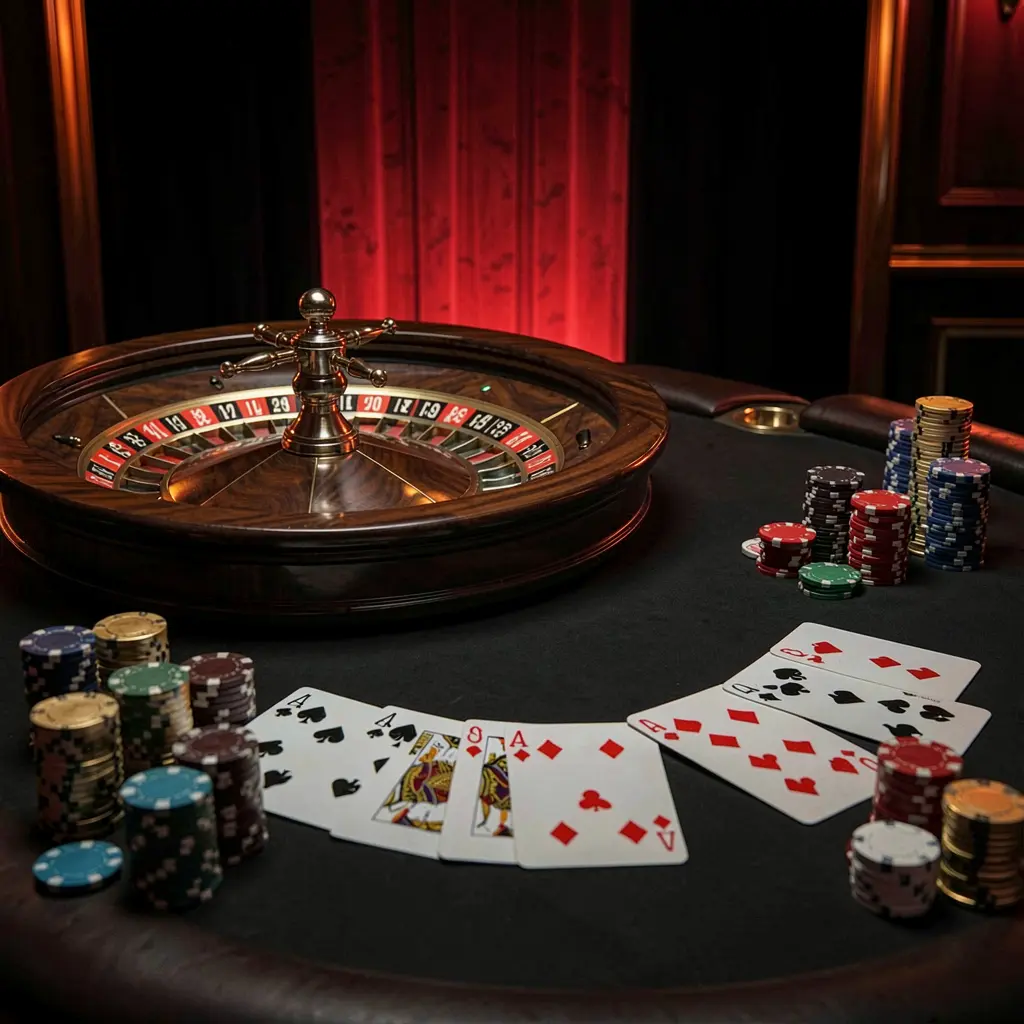 Elegant gaming table featuring roulette, blackjack cards, poker chips, and coins with luxury cinematic lighting on a black and red background, showcasing the 644J online casino platform